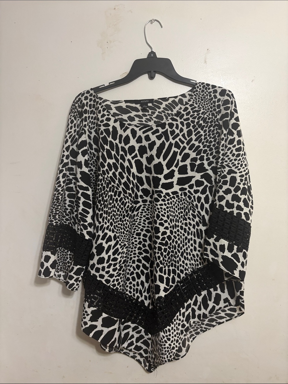 Alfani Black & White Animal-Print Tunic with Crochet Bands